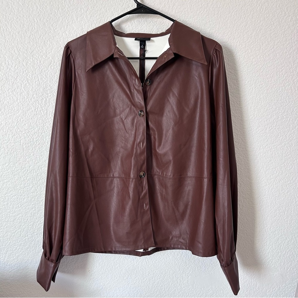 NWT Who What Wear Chocolate Brown Faux Vegan Leather Shacket Lightweight Jacket
